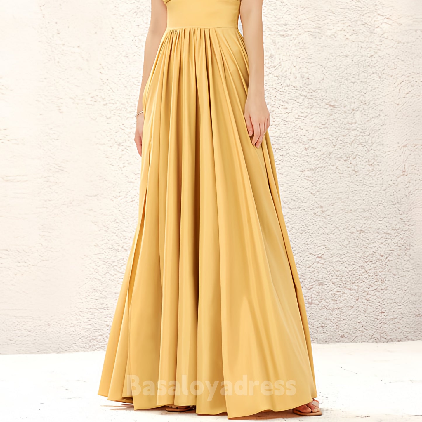 BDES00065 A-line V Neck waist tightening Sleeveless Charmeuse Floor-Length Bridesmaid Dress with Split
