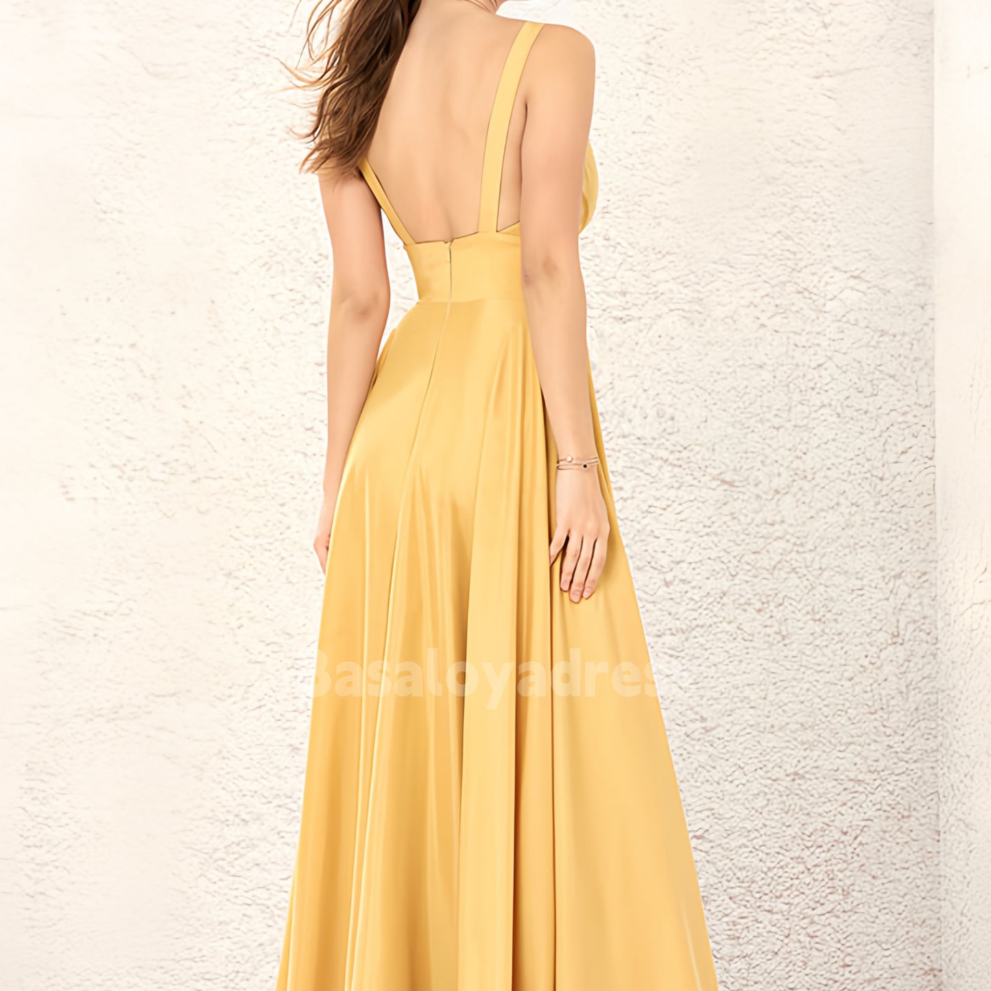BDES00065 A-line V Neck waist tightening Sleeveless Charmeuse Floor-Length Bridesmaid Dress with Split