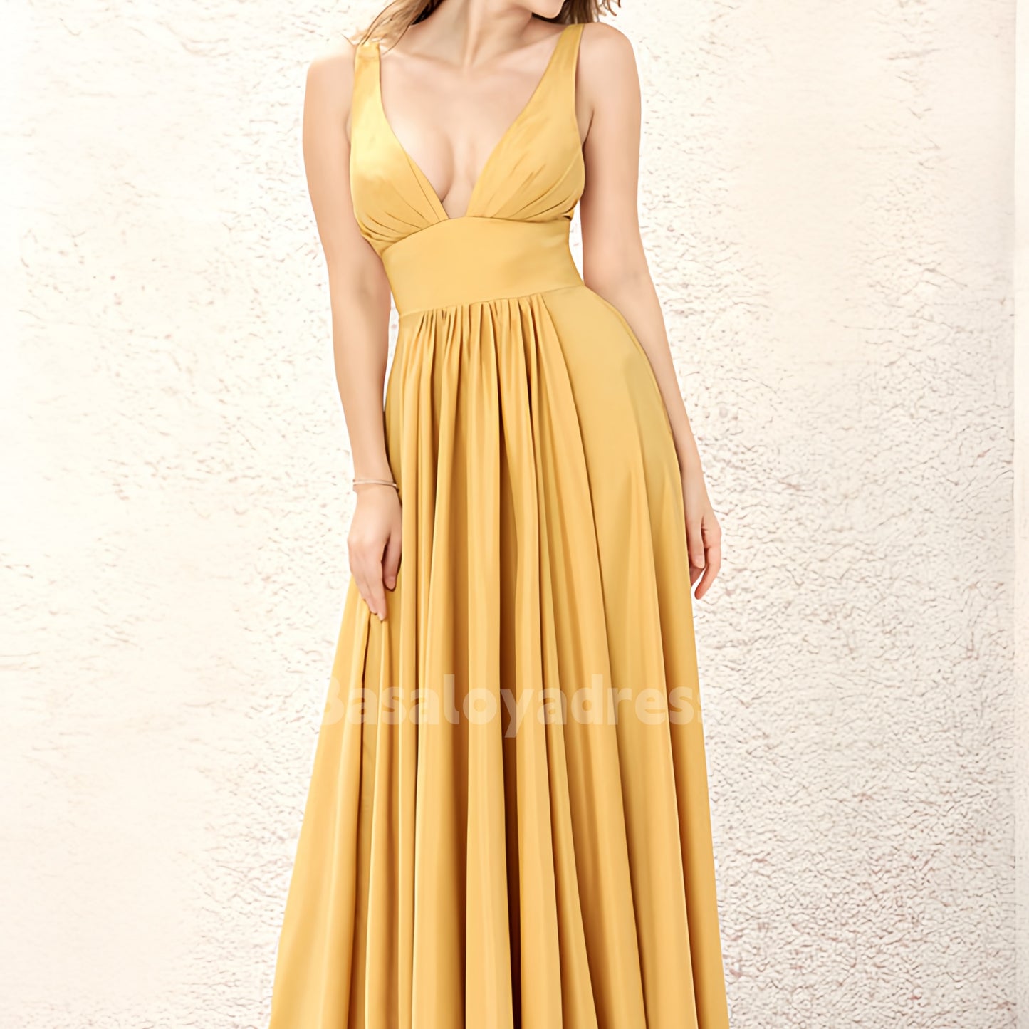 BDES00065 A-line V Neck waist tightening Sleeveless Charmeuse Floor-Length Bridesmaid Dress with Split