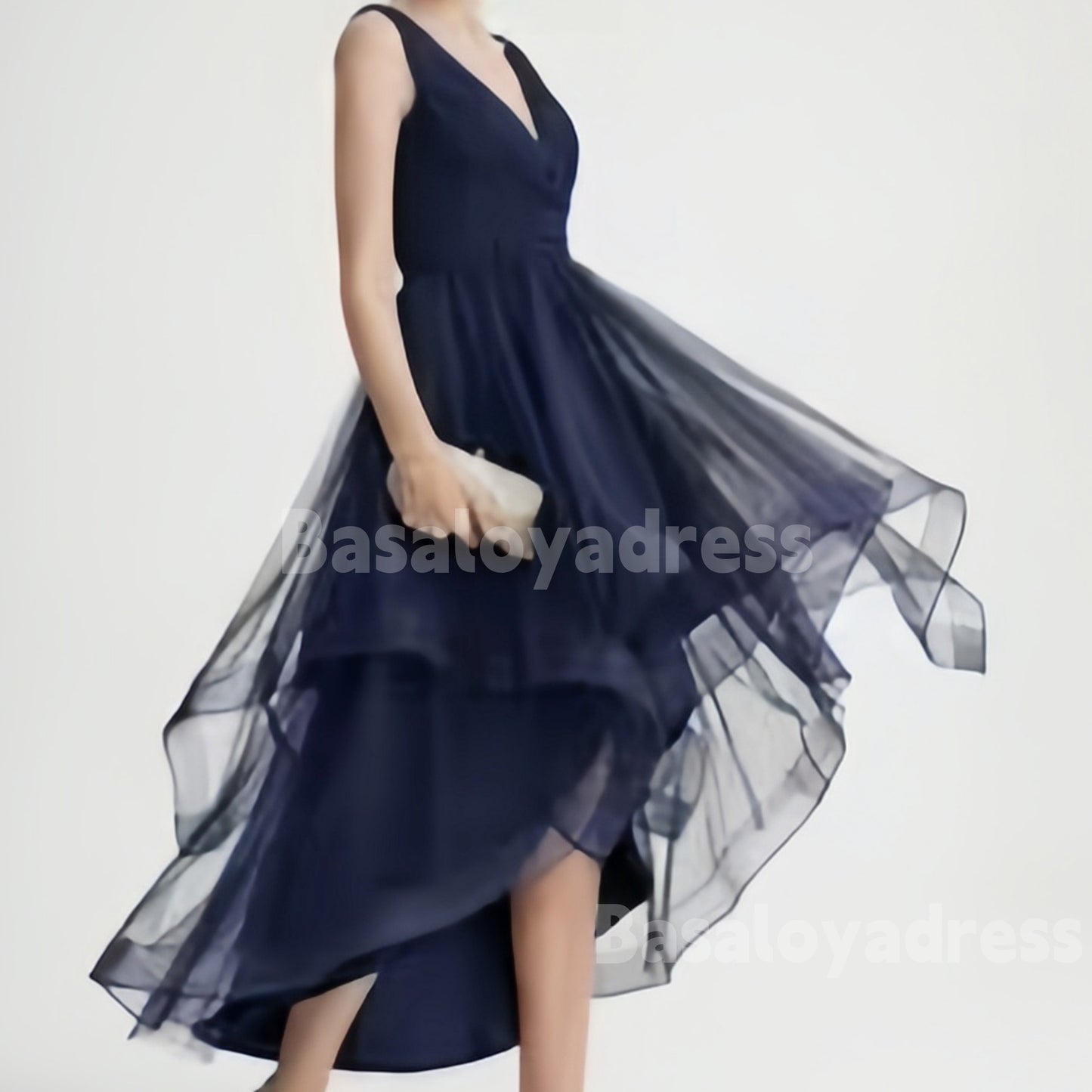 BSD00028 Asymmetrical A-line V-Neck High-Low Tulle Cocktail Dress With Cascading Ruffles Pleated