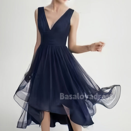 BSD00028 Asymmetrical A-line V-Neck High-Low Tulle Cocktail Dress With Cascading Ruffles Pleated