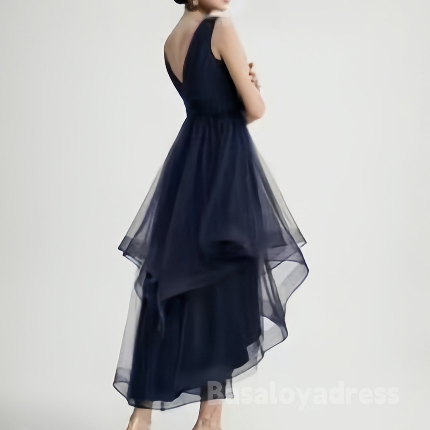 BSD00028 Asymmetrical A-line V-Neck High-Low Tulle Cocktail Dress With Cascading Ruffles Pleated