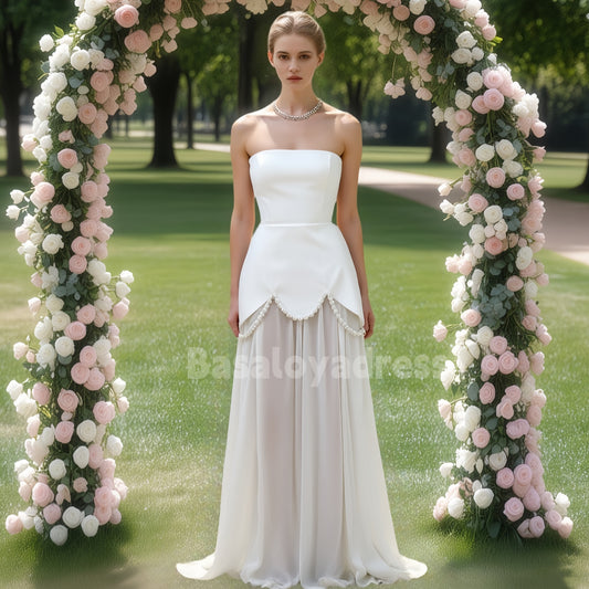 BDES00074 Elegant Chiffon Evening Dress Pearls Strapless A Line Formal Occasion Dresses Women Long Slim Prom Gowns with Cape