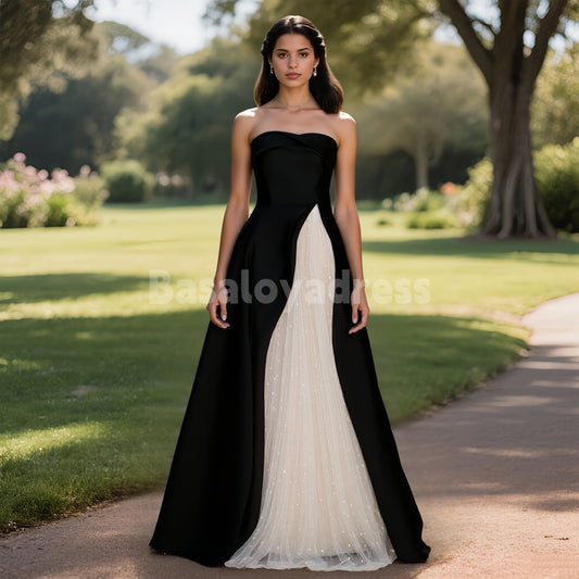 BDES00075 A-Line Tulle Satin Black and White Long Prom Dress Formal Evening Dresses