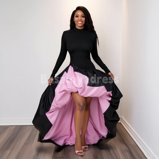 BSD00033 2025 New Hot Plus Size Cocktail Party Black Mock Neck Long Sleeve High Low Hem Contrast Satin Mini Dresses