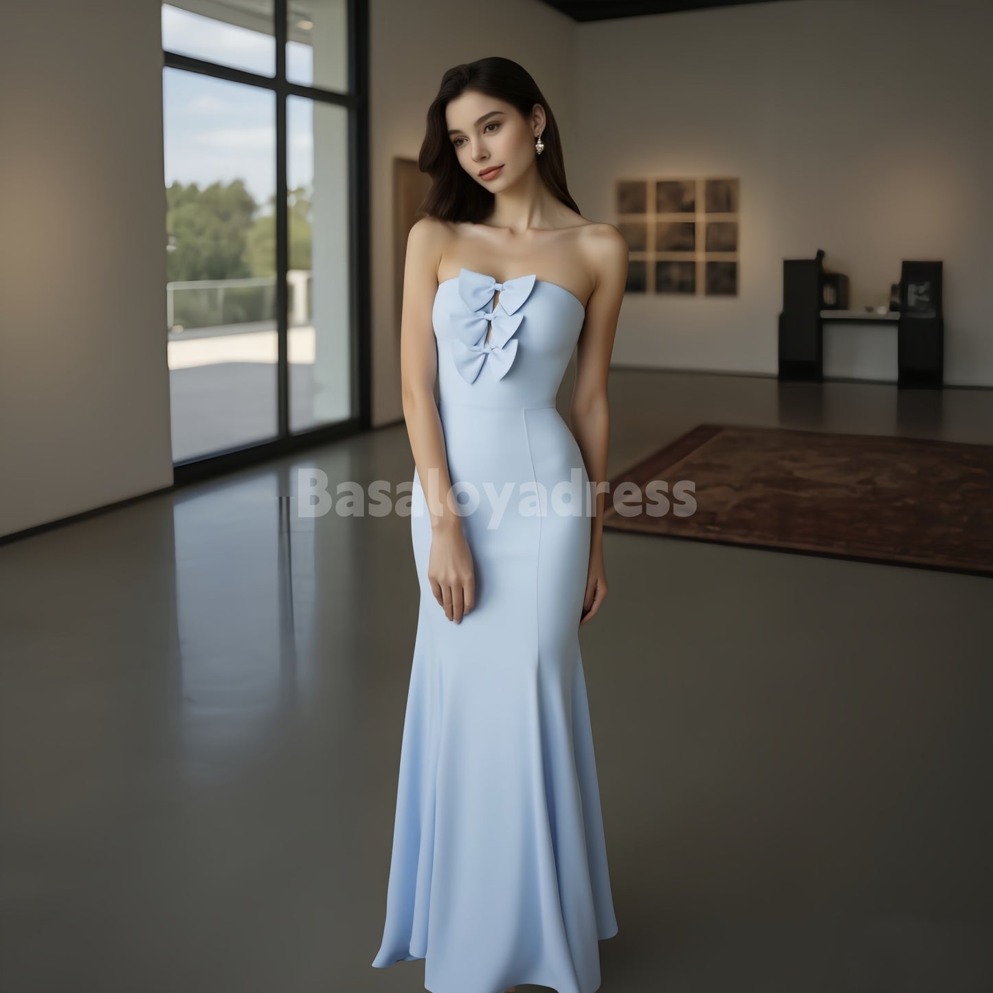 BDES00069 Trumpet/Mermaid Straight Floor-Length Off-shoulder Chiffon Prom Dress Bridesmaid Dress With Bow Decoration