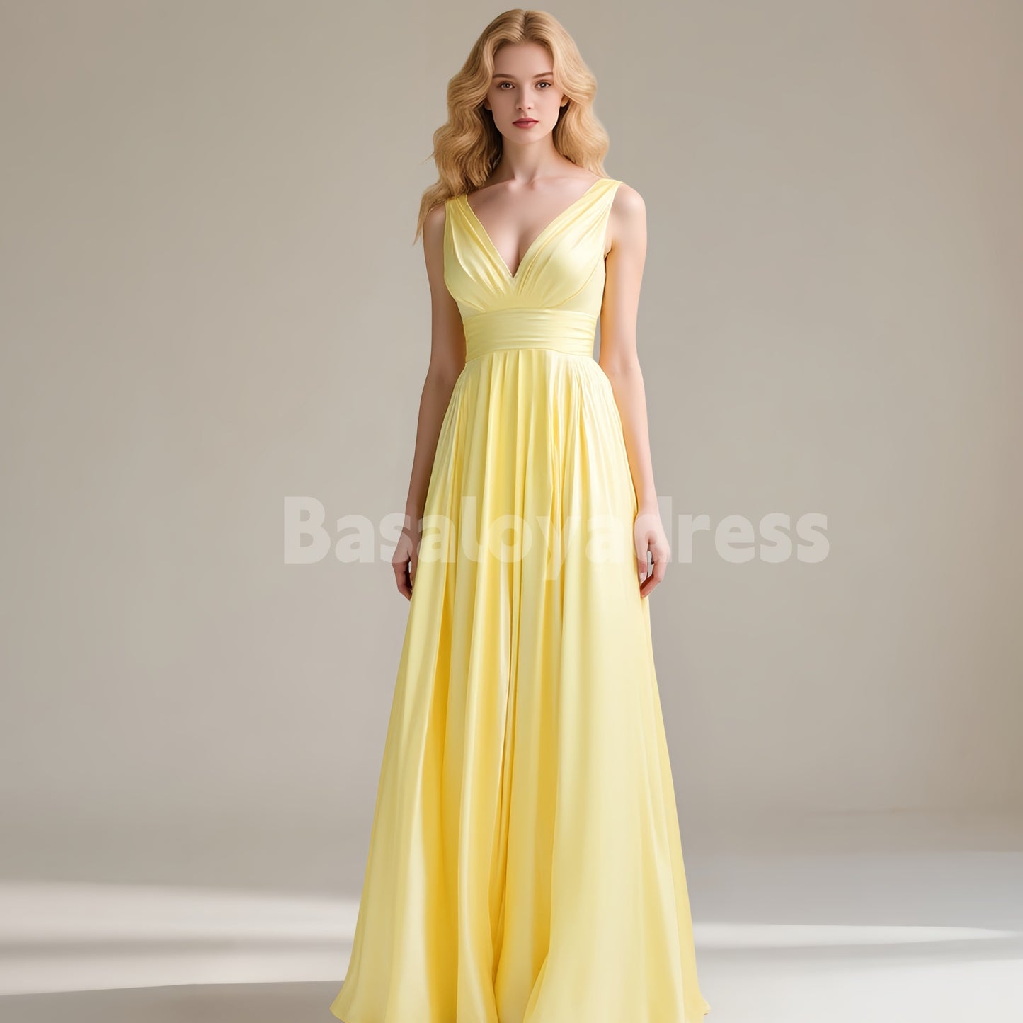 BDES00068 Light Yellow Gentle A-line V-Neck Floor-Length Stretch Satin Bridesmaid Dress With Pleated