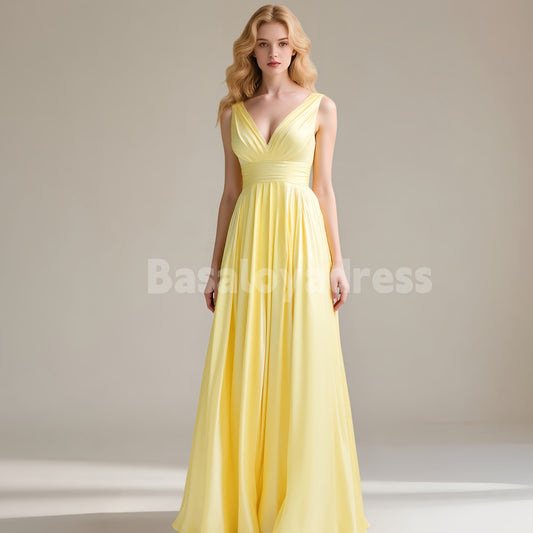 BDES00068 Light Yellow Gentle A-line V-Neck Floor-Length Stretch Satin Bridesmaid Dress With Pleated