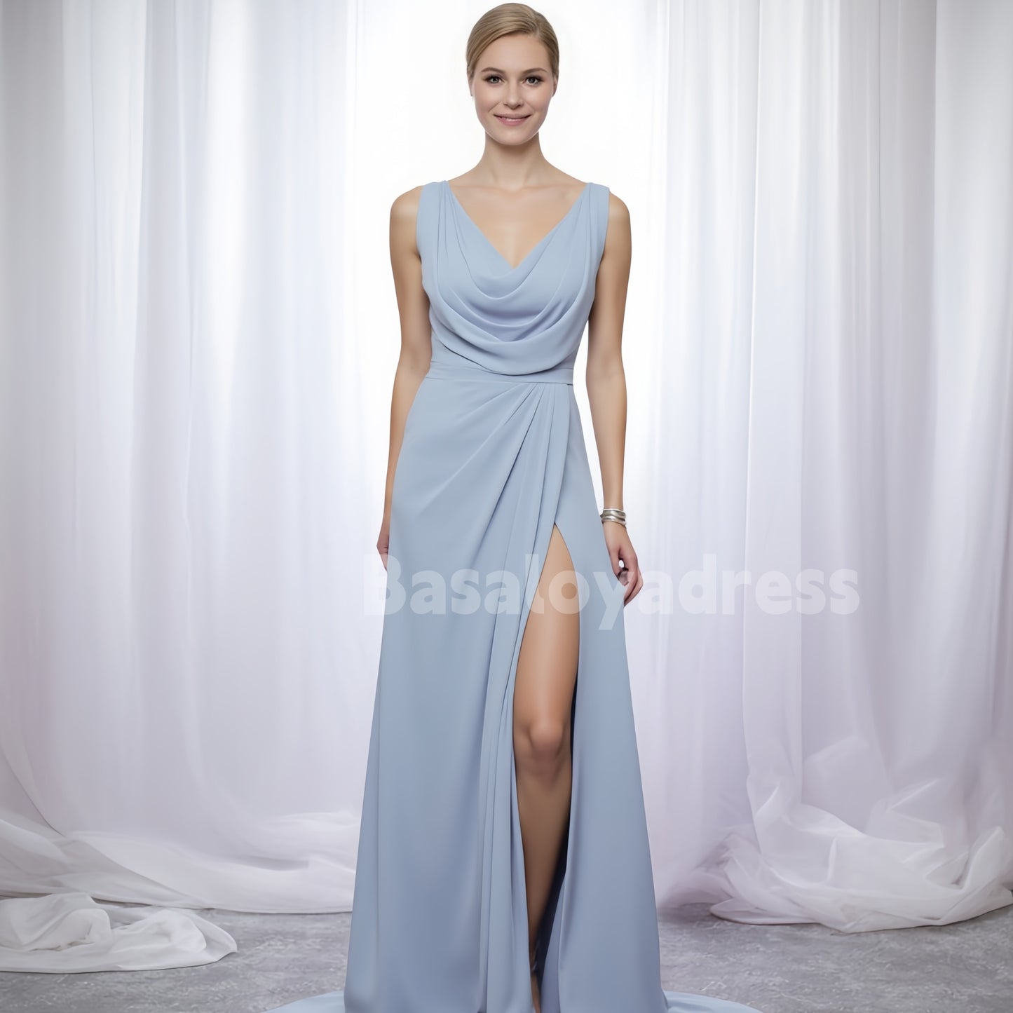 BDES00066 2025 New Hot Chiffon Bridesmaid Dress A-line Cowl Neck Pleated Sleeveless Sweep Train with Split