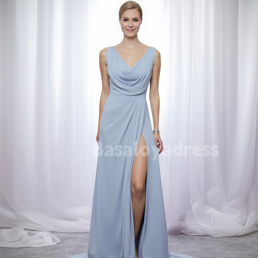 BDES00066 2025 New Hot Chiffon Bridesmaid Dress A-line Cowl Neck Pleated Sleeveless Sweep Train with Split