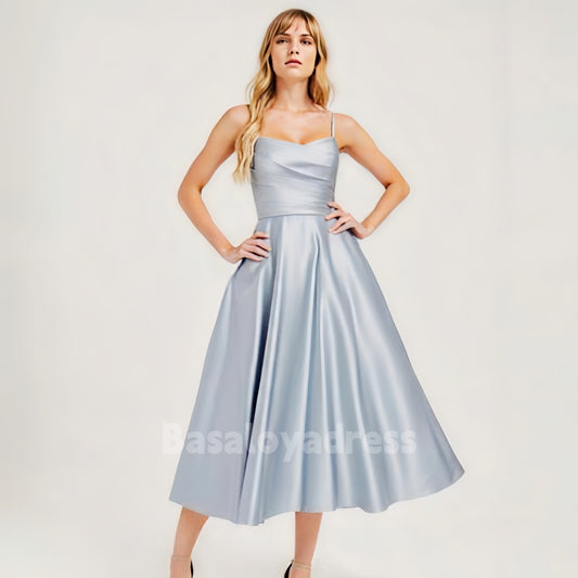 BSD00024 A-line V-Neck Tea-Length Spaghetti Strap Satin Cocktail Dress