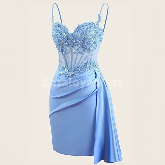 BSD00036 New 2026 Women Blue/Fuchsia Spaghetti Straps Corset Floral Tight Short Homecoming Dress