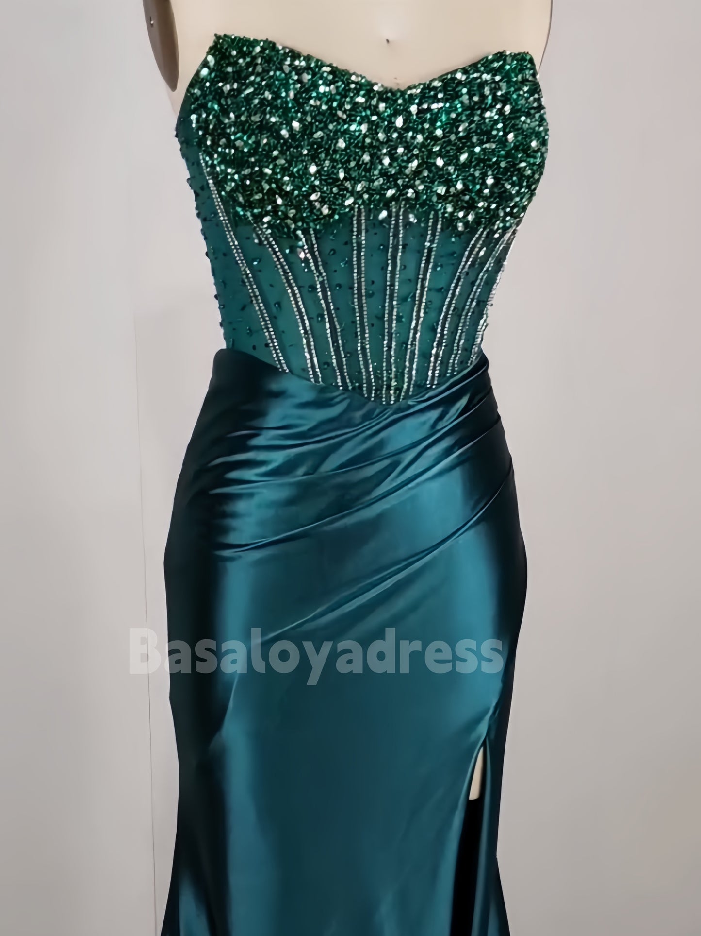 BDES00093 Strapless Slik Satin Prom Dresses 2025 Beaded Mermaid Evening Gown Long Corset Formal Dresses with Slit