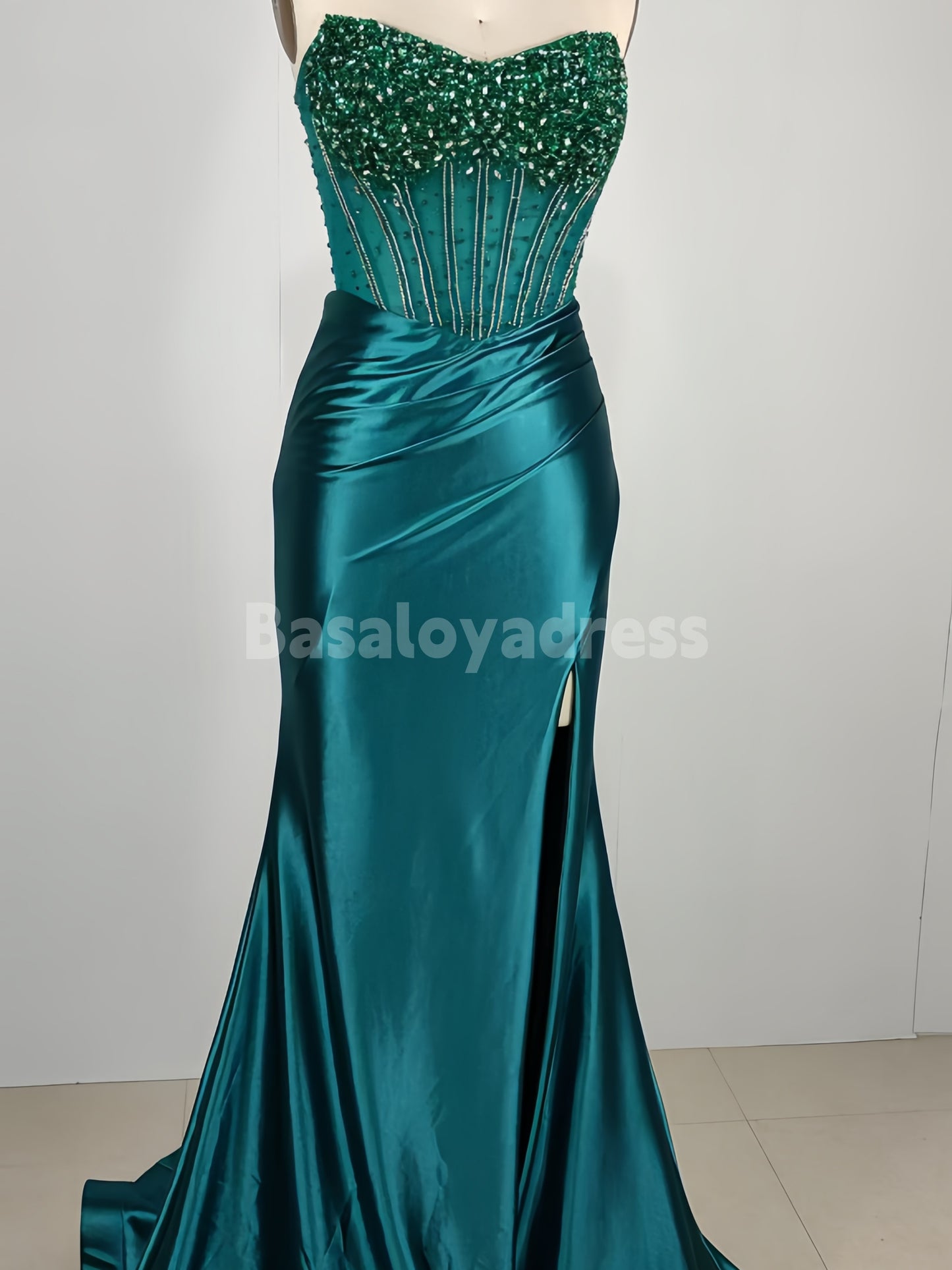 BDES00093 Strapless Slik Satin Prom Dresses 2025 Beaded Mermaid Evening Gown Long Corset Formal Dresses with Slit