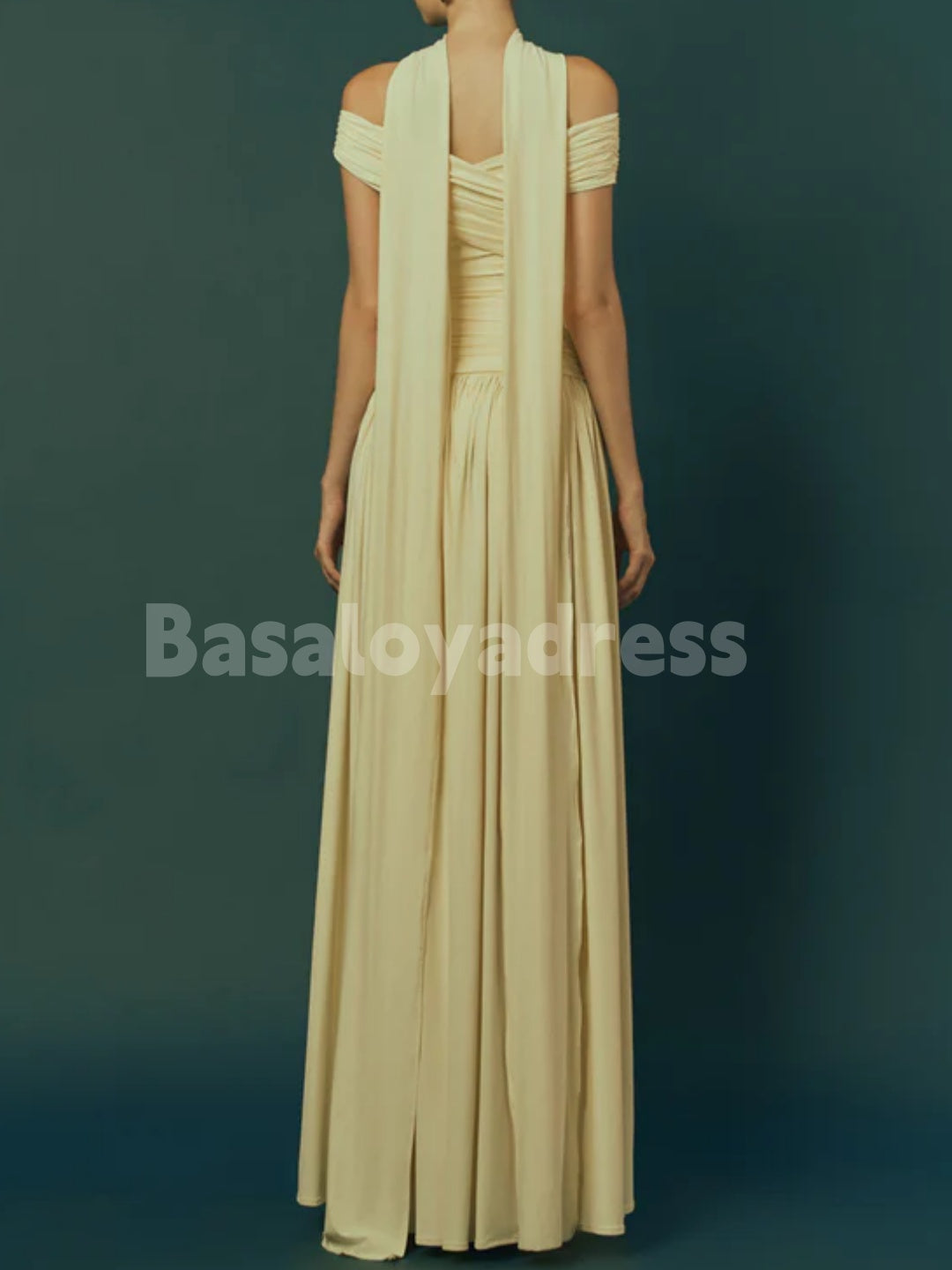 BDES00118 Lemon YellowA-line Off-Shoulder Maxi Dress Drop Waist Pleated Prom Dress