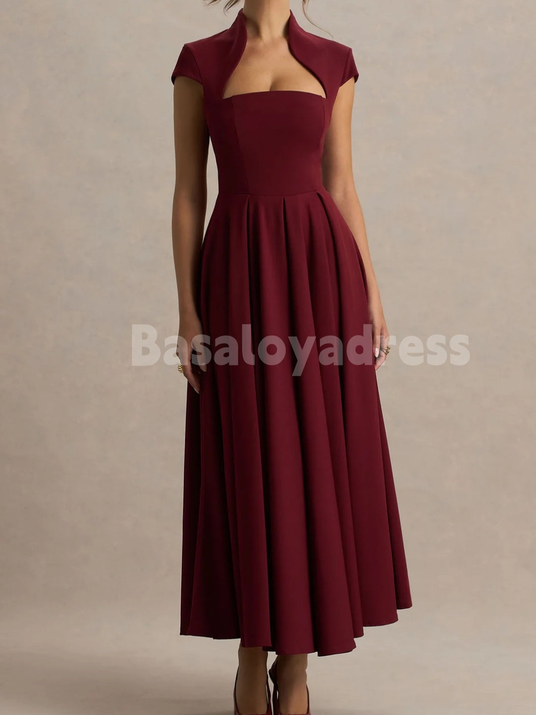 BDES00115 Black A-Line Midi Dress Queen Anne Neck Sleeveless Wedding Guest Dresses with Pleats Formal Evening Prom Gown