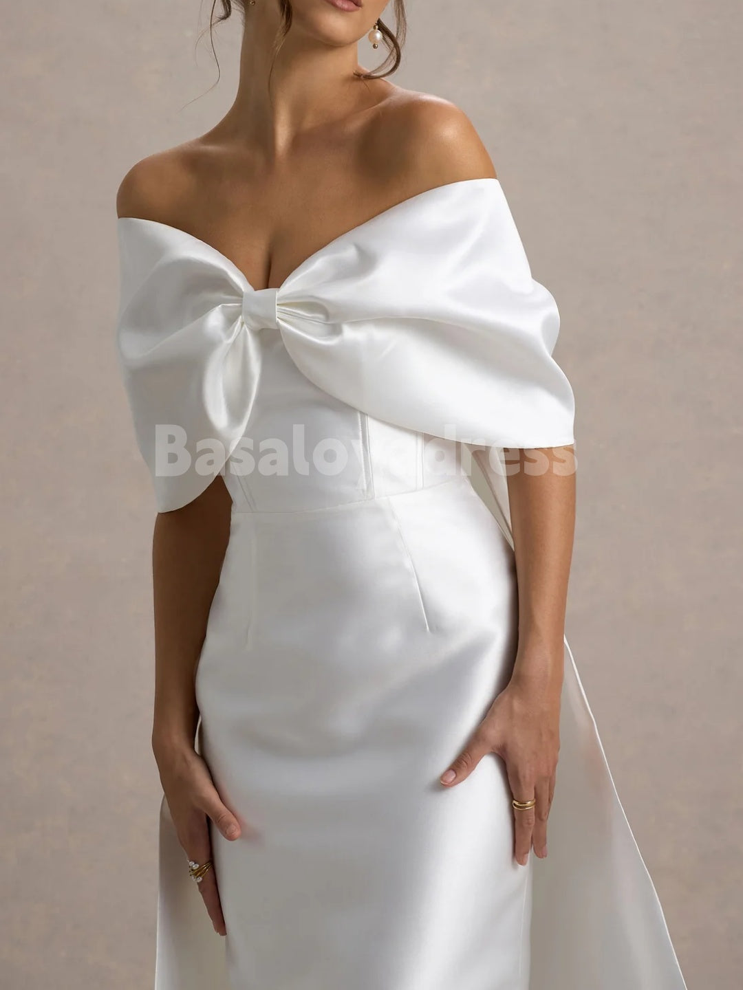 BWD00041 Light Beige Off The Shoulder Backless Simple Bow Cape Mermaid Wedding Dress