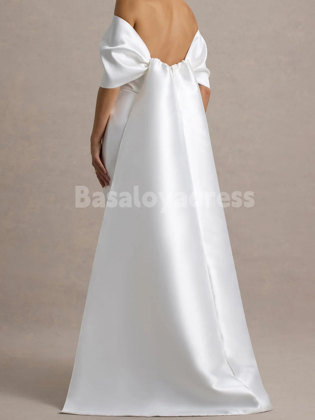 BWD00041 Light Beige Off The Shoulder Backless Simple Bow Cape Mermaid Wedding Dress
