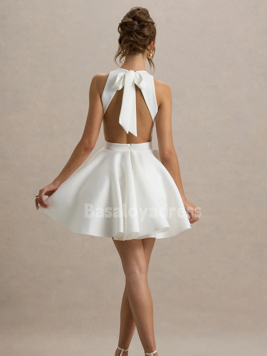 BWD00062 Light Ivory Halter Neck Sleeveless Backless A-line Mini Dress Short Wedding Dress