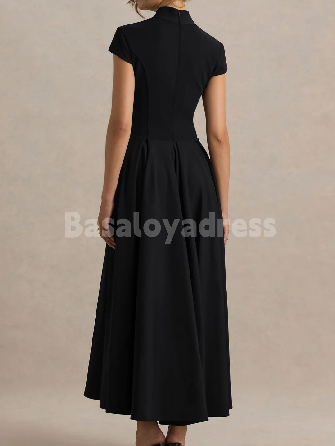 BDES00115 Black A-Line Midi Dress Queen Anne Neck Sleeveless Wedding Guest Dresses with Pleats Formal Evening Prom Gown