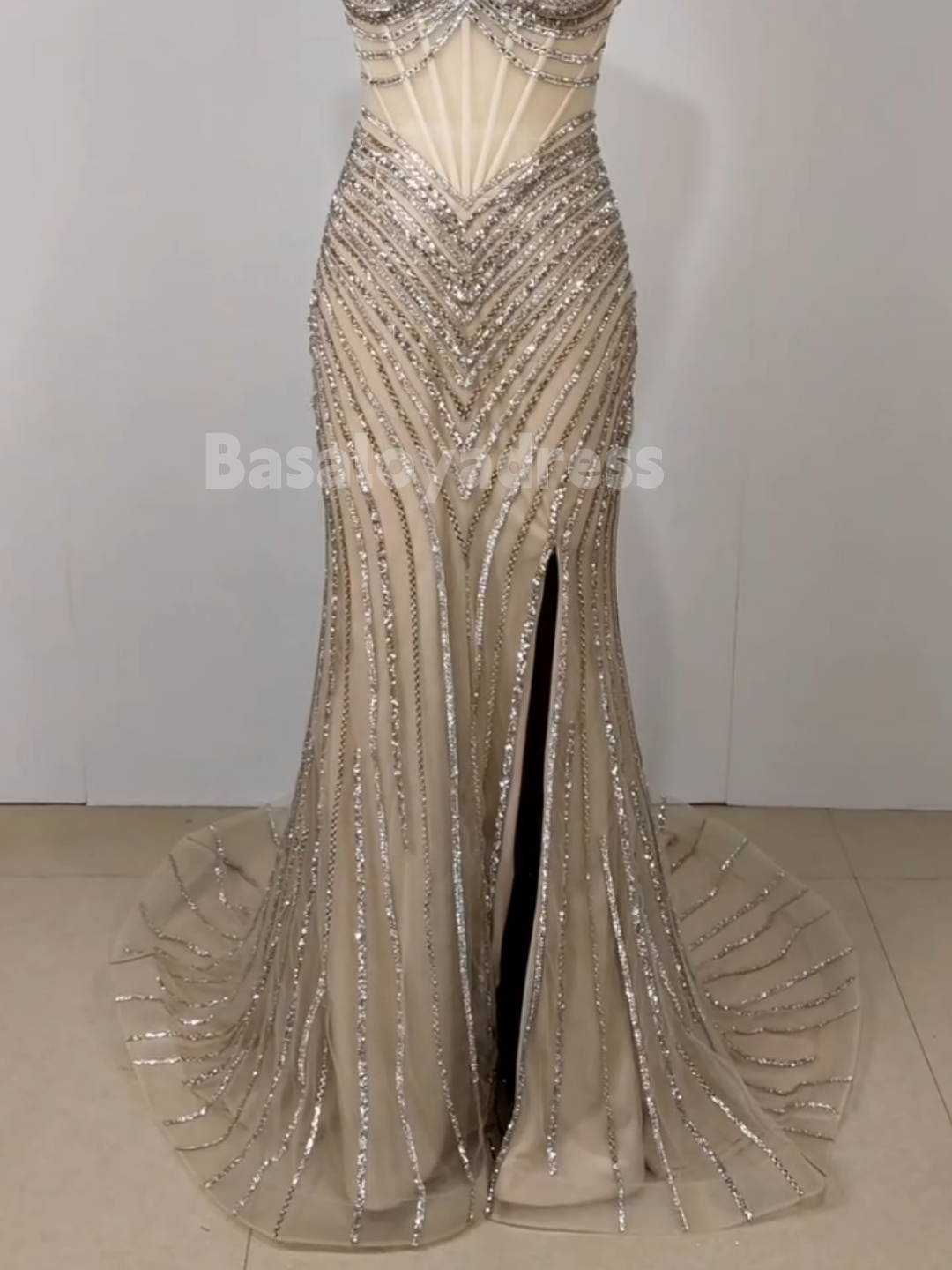 BDES00096 Sparkle Spaghetti Strap Pearls and Crystals Mesh Tulle Evening Dress For Women